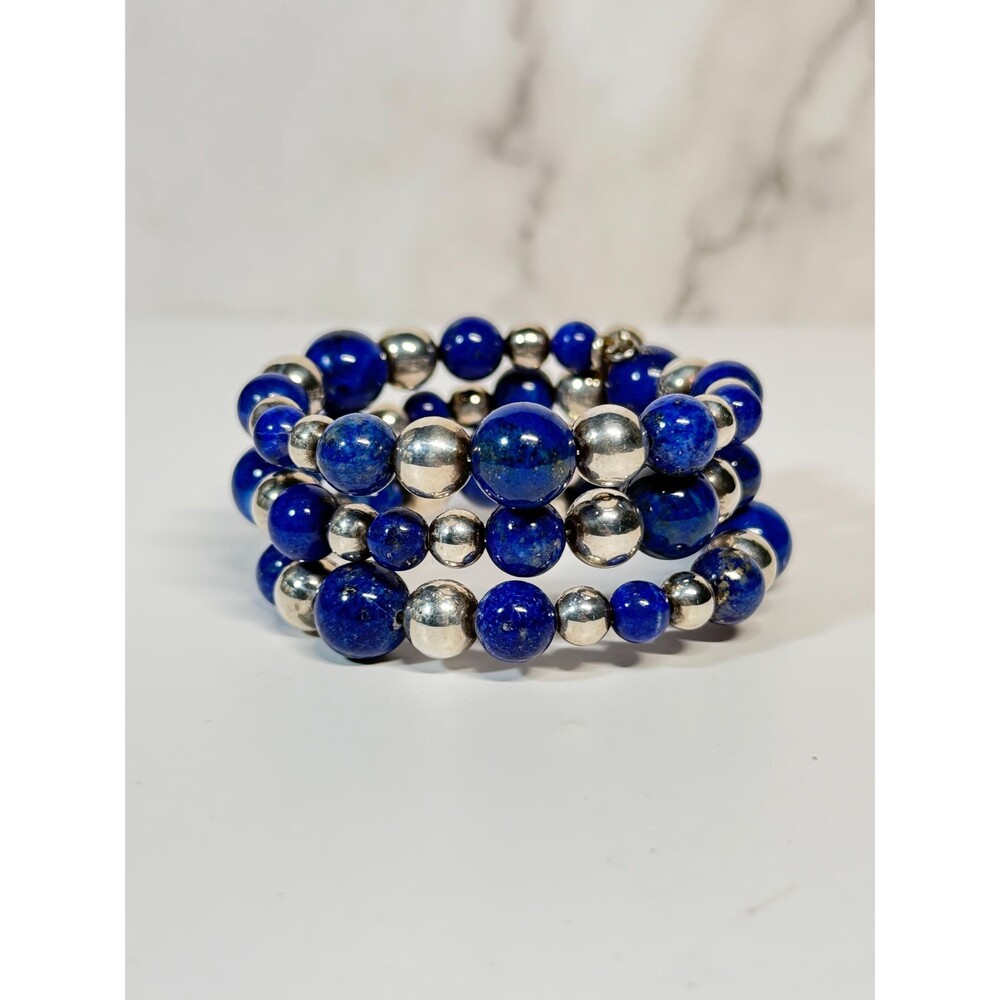 Lapis Lazuli Sterling Silver Beaded Wrap Coil Bracelet